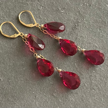 Load image into Gallery viewer, Ruby Red/Pink Sparkle Dangle Trio Earrings