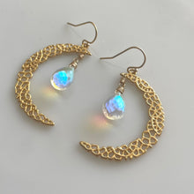 Load image into Gallery viewer, Fire Moonstone Crescent Moon Gold Vermeil Earrings