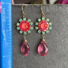 Load image into Gallery viewer, Seafoam Opal and Coral Pink with Pink Quartz Floral Dangle Earrings