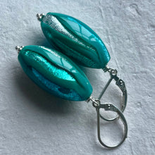Load image into Gallery viewer, Trio Foiled Blue floral Murano Glass Dangle Earrings