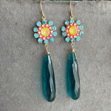 Load image into Gallery viewer, Aquamarine Opal, Yellow and Coral Pink Floral Dangle Earrings