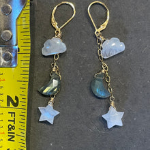 Load image into Gallery viewer, Cloud, Star, and Moon Earrings, Rainbow Moonstone and Labradorite, OOAK