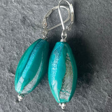 Load image into Gallery viewer, Trio Foiled Blue floral Murano Glass Dangle Earrings