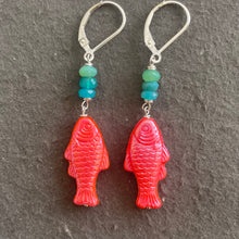Load image into Gallery viewer, Just Peachy Coral Colored Czech Glass and Opal Fish Earrings