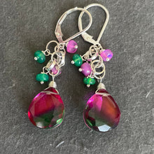 Load image into Gallery viewer, Color Lover Sapphire Pink to Emerald Green Doublet and Opal Dangle Earrings, OOAK