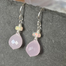 Load image into Gallery viewer, Glowing Pink Chalcedony and Opal Dewdrop Leverback Earrings