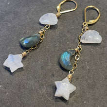 Load image into Gallery viewer, Cloud, Star, and Moon Earrings, Rainbow Moonstone and Labradorite, OOAK