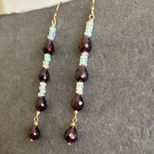 Load image into Gallery viewer, Rhodolite Garnet and Opal Earrings, Gold, OOAK