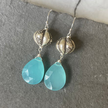 Load image into Gallery viewer, Sterling Flower Aqua Chalcedony dangles