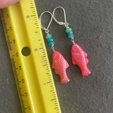 Load image into Gallery viewer, Just Peachy Coral Colored Czech Glass and Opal Fish Earrings