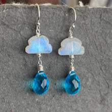 Load image into Gallery viewer, Rainbow Moonstone Raincloud and Raindrop Quartz Earrings in sterling, rose gold or gold