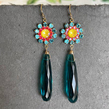 Load image into Gallery viewer, Aquamarine Opal, Yellow and Coral Pink Floral Dangle Earrings