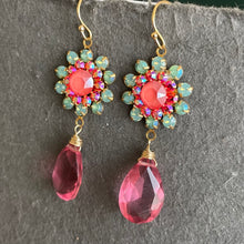 Load image into Gallery viewer, Seafoam Opal and Coral Pink with Pink Quartz Floral Dangle Earrings
