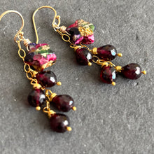 Load image into Gallery viewer, Mohave Turquoise Star and Rhodolite Garnet Cascade Earrings, Gold, OOAK