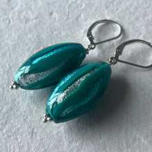 Load image into Gallery viewer, Trio Foiled Blue floral Murano Glass Dangle Earrings