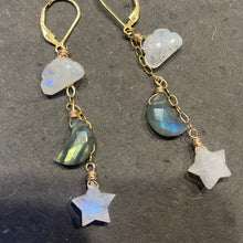 Load image into Gallery viewer, Cloud, Star, and Moon Earrings, Rainbow Moonstone and Labradorite, OOAK