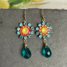 Load image into Gallery viewer, Aquamarine Opal, Yellow and Coral Pink Floral Dangle Earrings