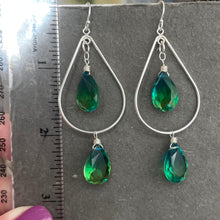 Load image into Gallery viewer, Paraiba to Emerald to Peridot Doublet Dangle Double Decker Hoop Earrings, no crystals