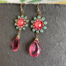 Load image into Gallery viewer, Seafoam Opal and Coral Pink with Pink Quartz Floral Dangle Earrings