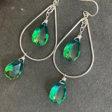 Load image into Gallery viewer, Paraiba to Emerald to Peridot Doublet Dangle Double Decker Hoop Earrings, no crystals
