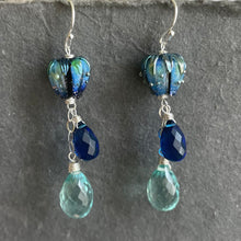 Load image into Gallery viewer, Flora European Lampwork And Quartz Dangle Earrings, Aqua and Cobalt Blue, metal and earwire options