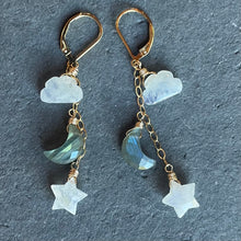 Load image into Gallery viewer, Cloud, Star, and Moon Earrings, Rainbow Moonstone and Labradorite, OOAK