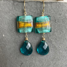 Load image into Gallery viewer, Colorblock Butterscotch and Teal Murano Glass and Quartz Springy Dangle Earrings