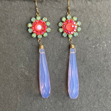 Load image into Gallery viewer, Green Opal, Coral Pink and Lavender Floral Elongated Teardrop Earrings