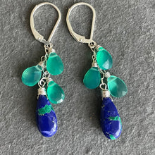 Load image into Gallery viewer, Sapphire Blue Copper Turquoise with green onyx dangle earrings
