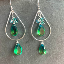 Load image into Gallery viewer, Paraiba to Emerald to Peridot Doublet Dangle Double Decker Hoop Earrings