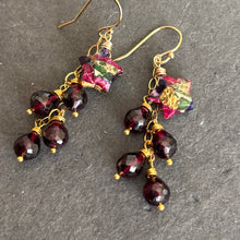 Load image into Gallery viewer, Mohave Turquoise Star and Rhodolite Garnet Cascade Earrings, Gold, OOAK