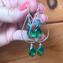 Load image into Gallery viewer, Paraiba to Emerald to Peridot Doublet Dangle Double Decker Hoop Earrings