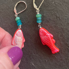 Load image into Gallery viewer, Just Peachy Coral Colored Czech Glass and Opal Fish Earrings