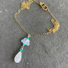 Load image into Gallery viewer, Rainbow Moonstone Raincloud and Raindrop Necklace in 14k Gold Filled