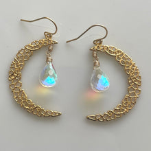 Load image into Gallery viewer, Fire Moonstone Crescent Moon Gold Vermeil Earrings