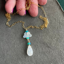 Load image into Gallery viewer, Rainbow Moonstone Raincloud and Raindrop Necklace in 14k Gold Filled