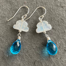 Load image into Gallery viewer, Rainbow Moonstone Raincloud and Raindrop Quartz Earrings in sterling, rose gold or gold