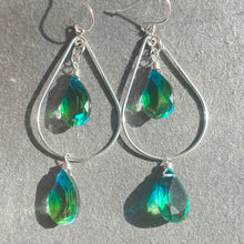 Load image into Gallery viewer, Paraiba to Emerald to Peridot Doublet Dangle Double Decker Hoop Earrings, no crystals