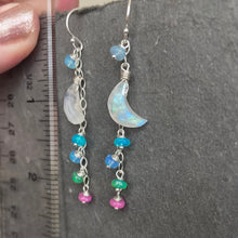 Load image into Gallery viewer, Rainbow Moonstone Moon and Opal Dangle Earrings