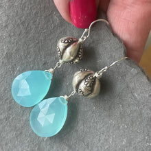 Load image into Gallery viewer, Sterling Flower Aqua Chalcedony dangles