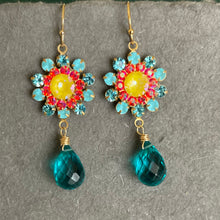 Load image into Gallery viewer, Aquamarine Opal, Yellow and Coral Pink Floral Dangle Earrings