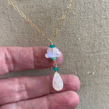 Load image into Gallery viewer, Rainbow Moonstone Raincloud and Raindrop Necklace in 14k Gold Filled