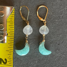 Load image into Gallery viewer, Rainbow Moonstone and Amazonite Moon Mini Dangle Earrings, OOAK