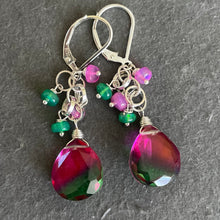 Load image into Gallery viewer, Color Lover Sapphire Pink to Emerald Green Doublet and Opal Dangle Earrings, OOAK