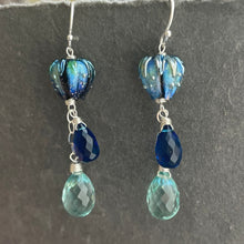 Load image into Gallery viewer, Flora European Lampwork And Quartz Dangle Earrings, Aqua and Cobalt Blue, metal and earwire options