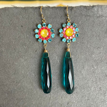 Load image into Gallery viewer, Aquamarine Opal, Yellow and Coral Pink Floral Dangle Earrings