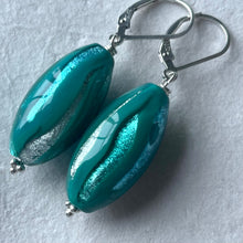 Load image into Gallery viewer, Trio Foiled Blue floral Murano Glass Dangle Earrings