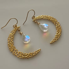 Load image into Gallery viewer, Fire Moonstone Crescent Moon Gold Vermeil Earrings