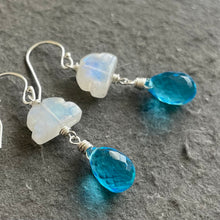 Load image into Gallery viewer, Rainbow Moonstone Raincloud and Raindrop Quartz Earrings in sterling, rose gold or gold