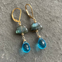 Load image into Gallery viewer, Labradorite Raincloud and Raindrop Quartz Earrings in sterling, rose gold or gold
